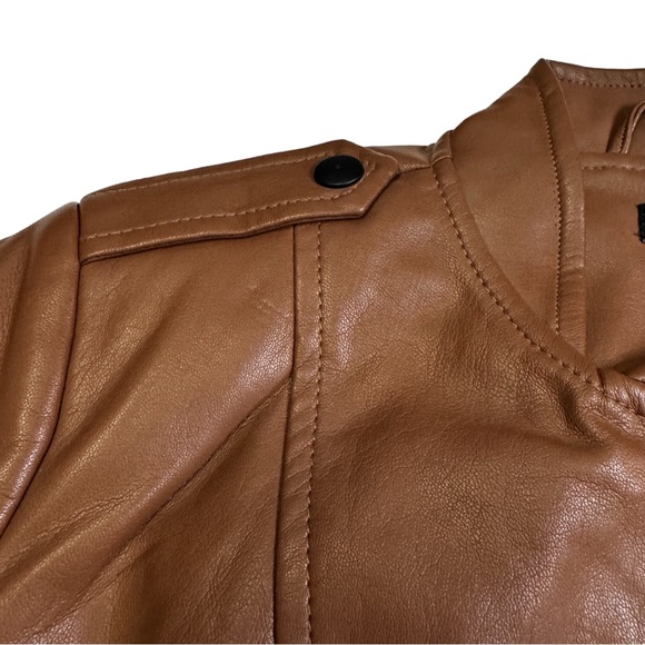 GILI British Tan Leather Peplum Jacket Coat 
Size 2  Zip Front and Sleeves NWT - Picture 11 of 17